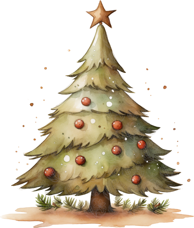 Vintage christmas tree watercolour illustration with red baubles and star topper, Grey Barn Handwerk, Saskatchewan.